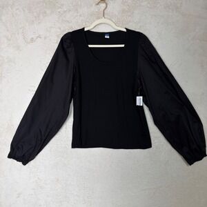 Old Navy Womens XL Black Ribbed Mixed Media Puff Sleeve Scoop Neck Top NWT